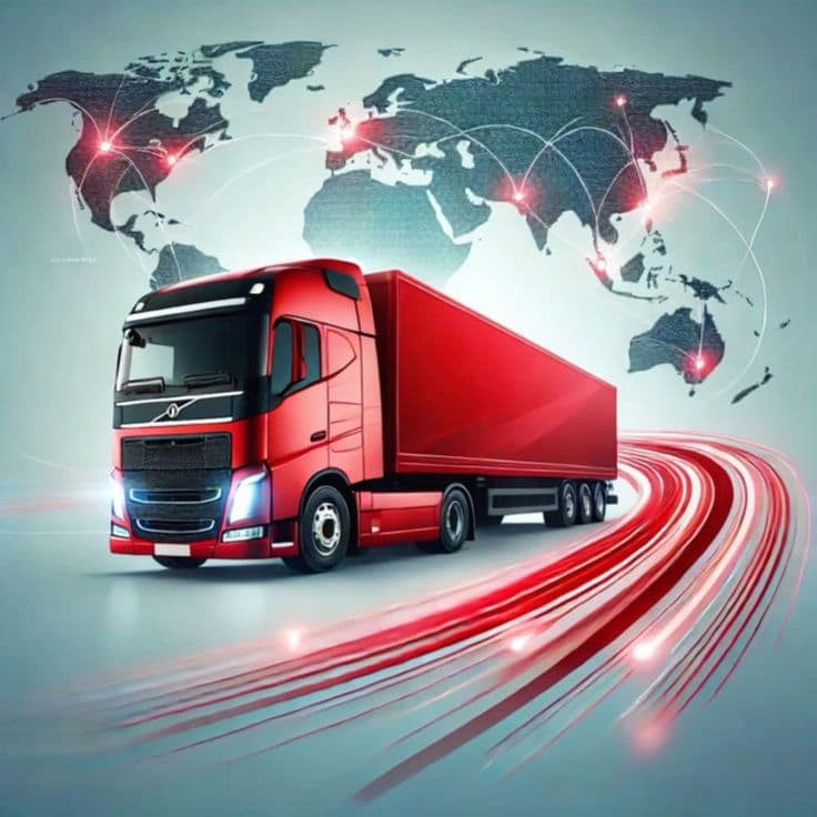 Truck against a world map of trade routes
