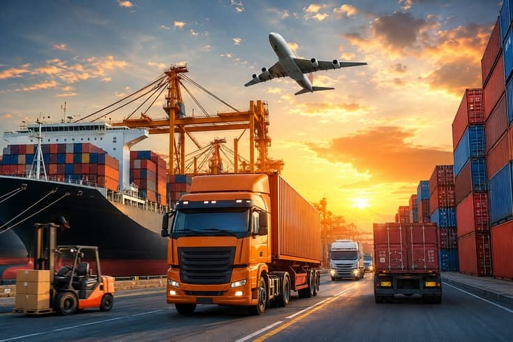 Freight truck, cargo ship and aircraft at a busy port