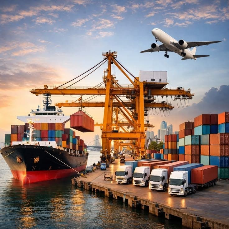 Container terminal at sunset with ship, cranes and trucks
